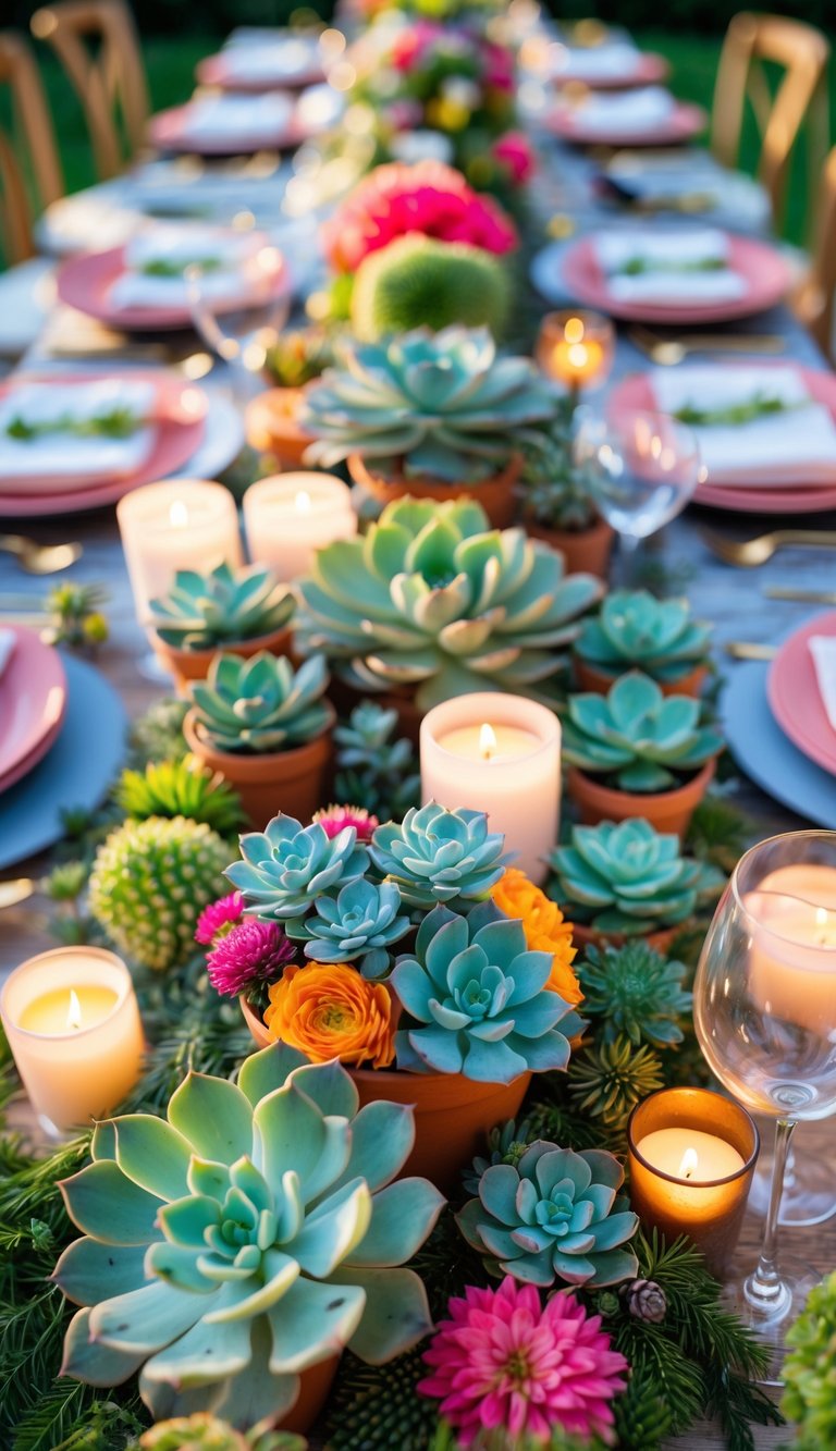 A wedding table set with colorful potted succulents, candles, flowers, and elegant dinnerware under natural light.