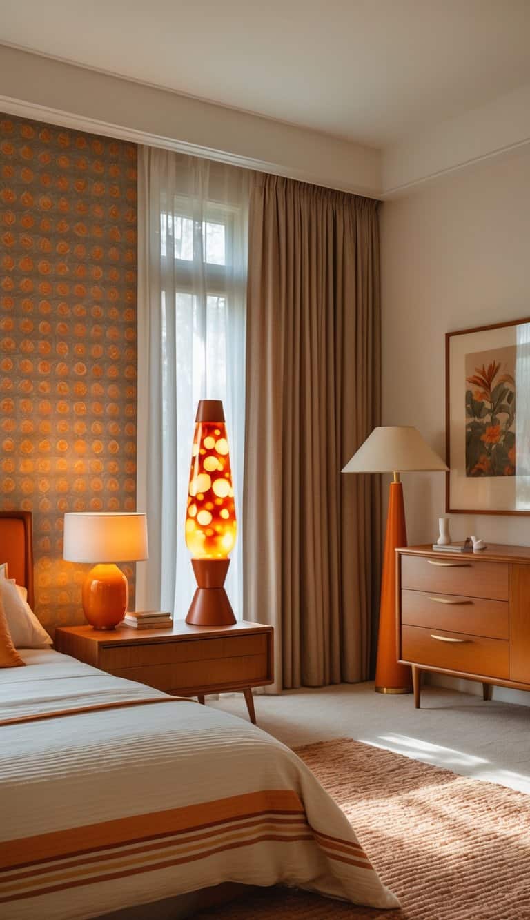 A tidy bedroom with a bed, patterned wallpaper, a glowing lava lamp on the bedside table, and mid-century modern furniture illuminated by bright natural light.
