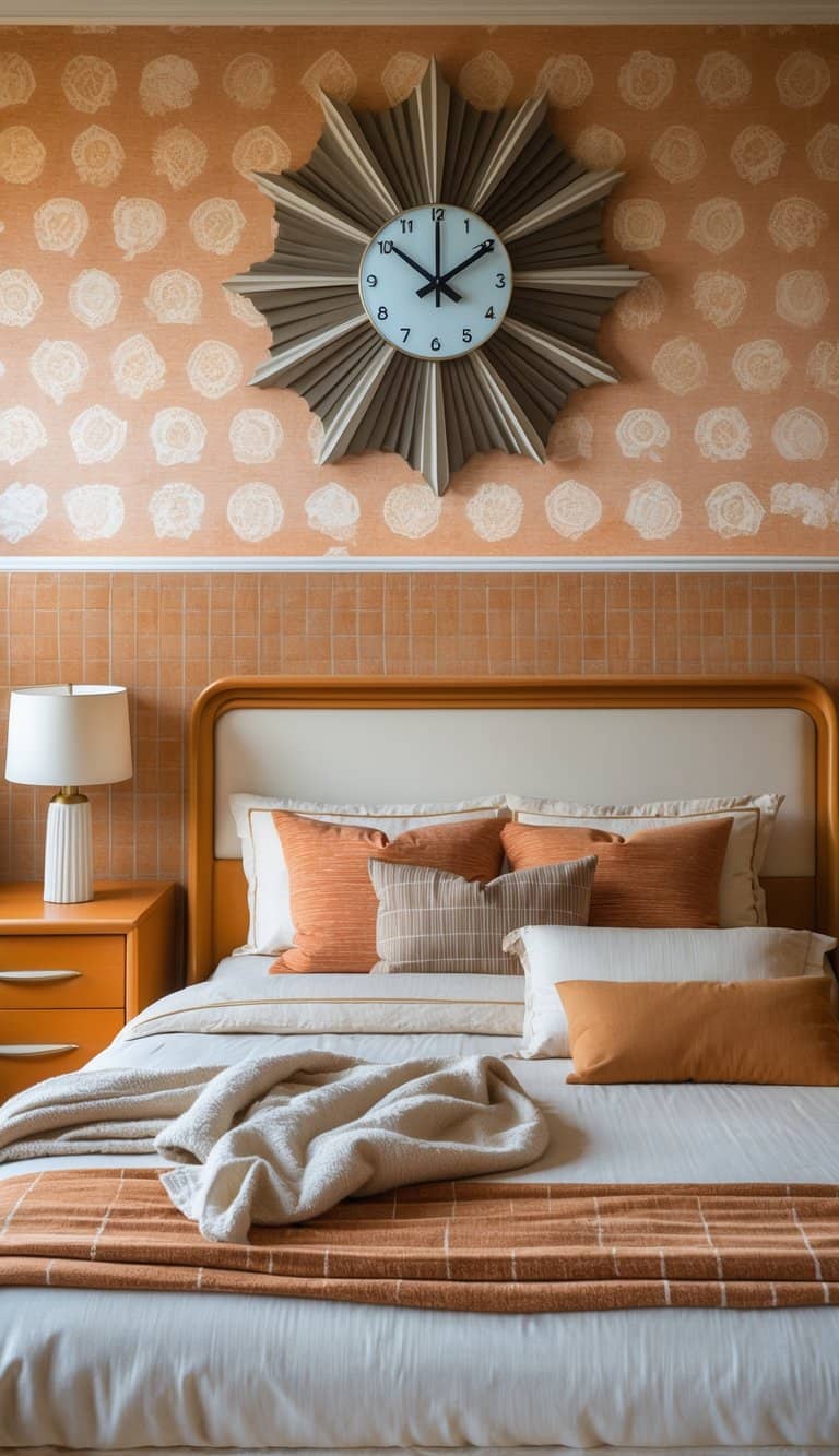 A bright, clean bedroom with a bed under a starburst clock, patterned wallpaper, and mid-century modern furniture.