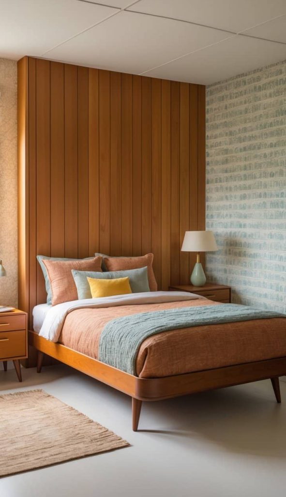 A neatly made bed with earth-toned bedding sits against a wood-paneled wall, flanked by two nightstands with lamps in a modern, minimalist bedroom.