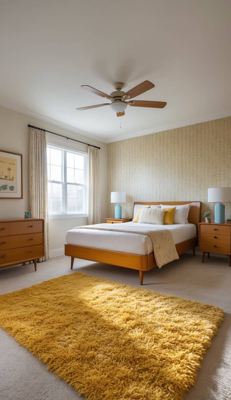 A bright bedroom with a mustard yellow shaggy rug, patterned wallpaper, a wooden dresser, and a neatly made bed in a clean and inviting space.