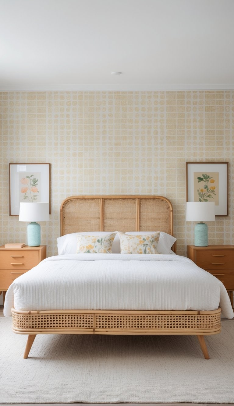 A bright bedroom with a rattan headboard, patterned wallpaper, and neatly arranged furniture in a clean and inviting space.