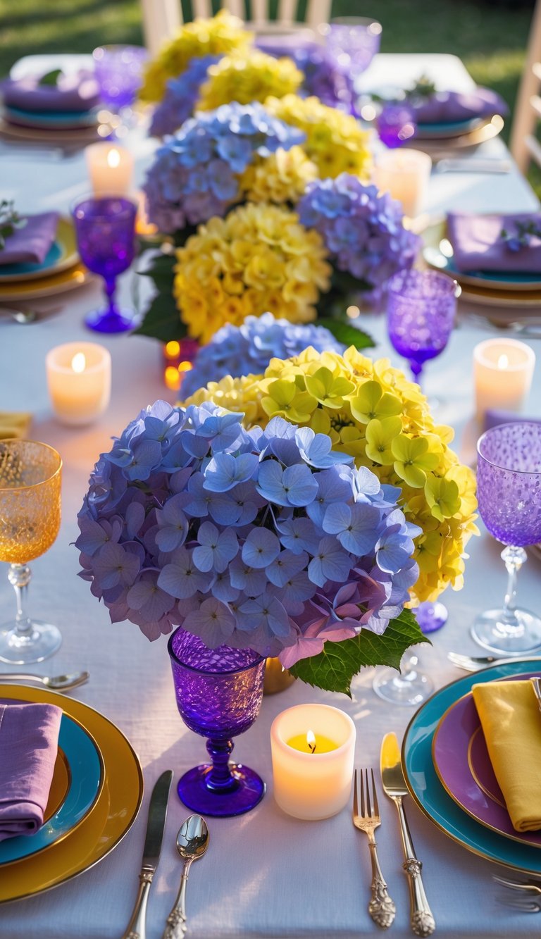 A wedding table set with purple and yellow hydrangea centerpieces, candles, colorful dinnerware, and glassware under natural light.