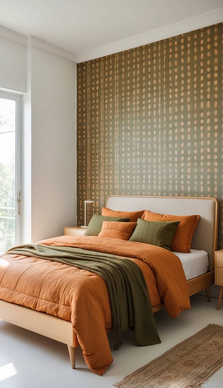 A bright, clean bedroom with a bed made in orange, brown, and olive green bedding, patterned wallpaper, wooden furniture, and an uncluttered floor.