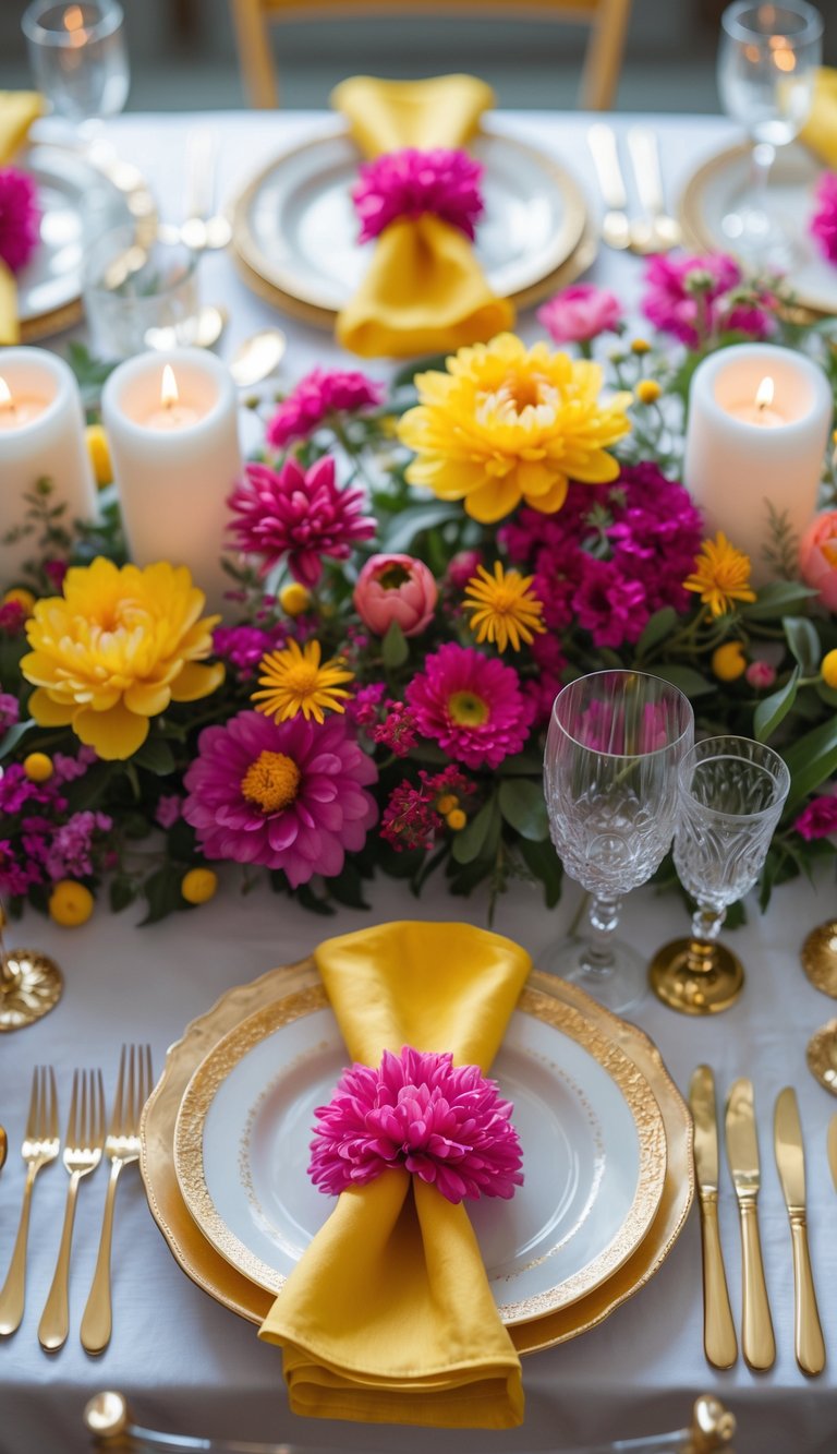 A wedding table set with colorful yellow and fuchsia floral napkin holders, candles, fresh flowers, and elegant dinnerware under natural light.