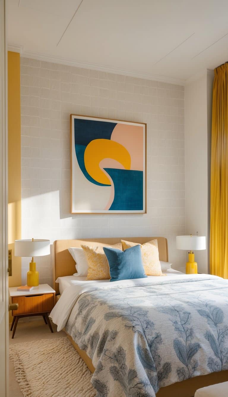 A bright and tidy bedroom with patterned wallpaper, a bed, and a framed abstract art print on the wall.