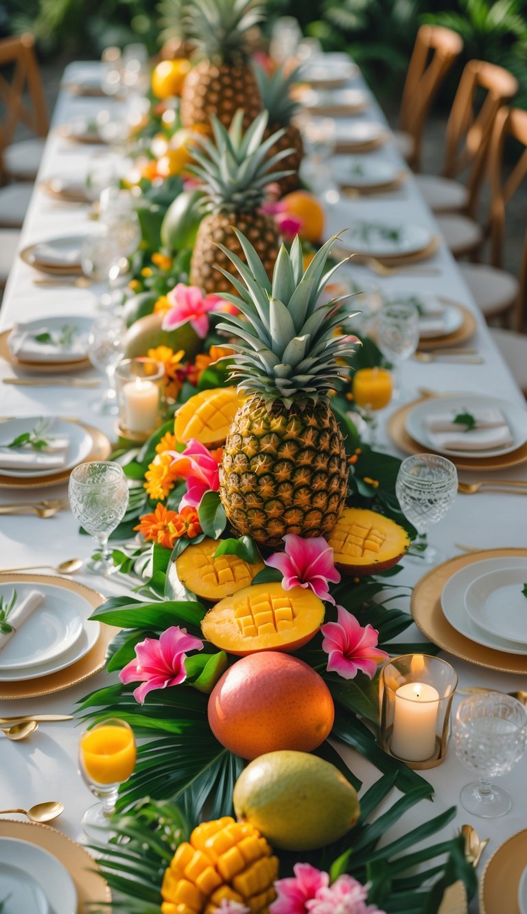 A wedding table set with colorful tropical fruit centerpieces, elegant dinnerware, candles, and flowers under natural light.