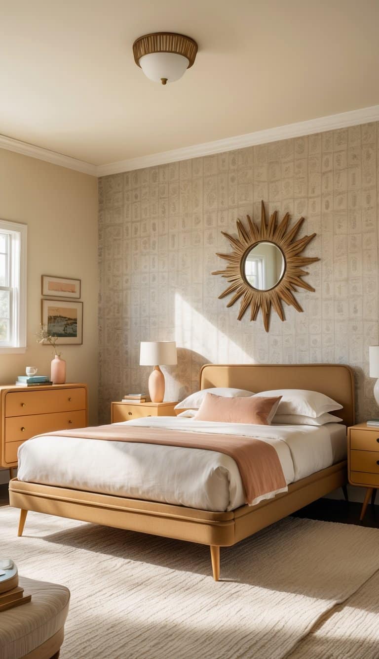 A bright bedroom with a bed under a starburst mirror, patterned wallpaper, and mid-century style furniture arranged neatly in a clean, well-lit room.