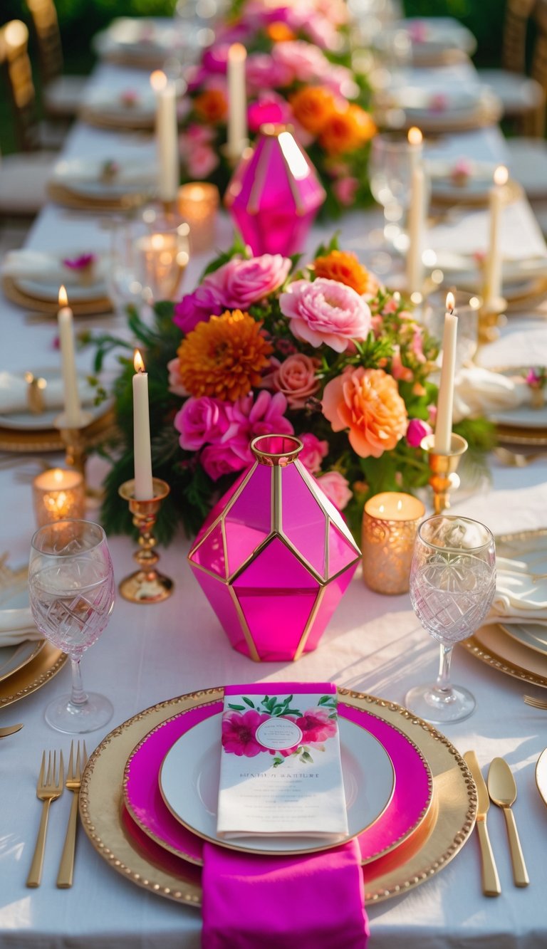 A wedding table set with hot pink and gold geometric vases, colorful flowers, candles, and elegant dinnerware under natural light.