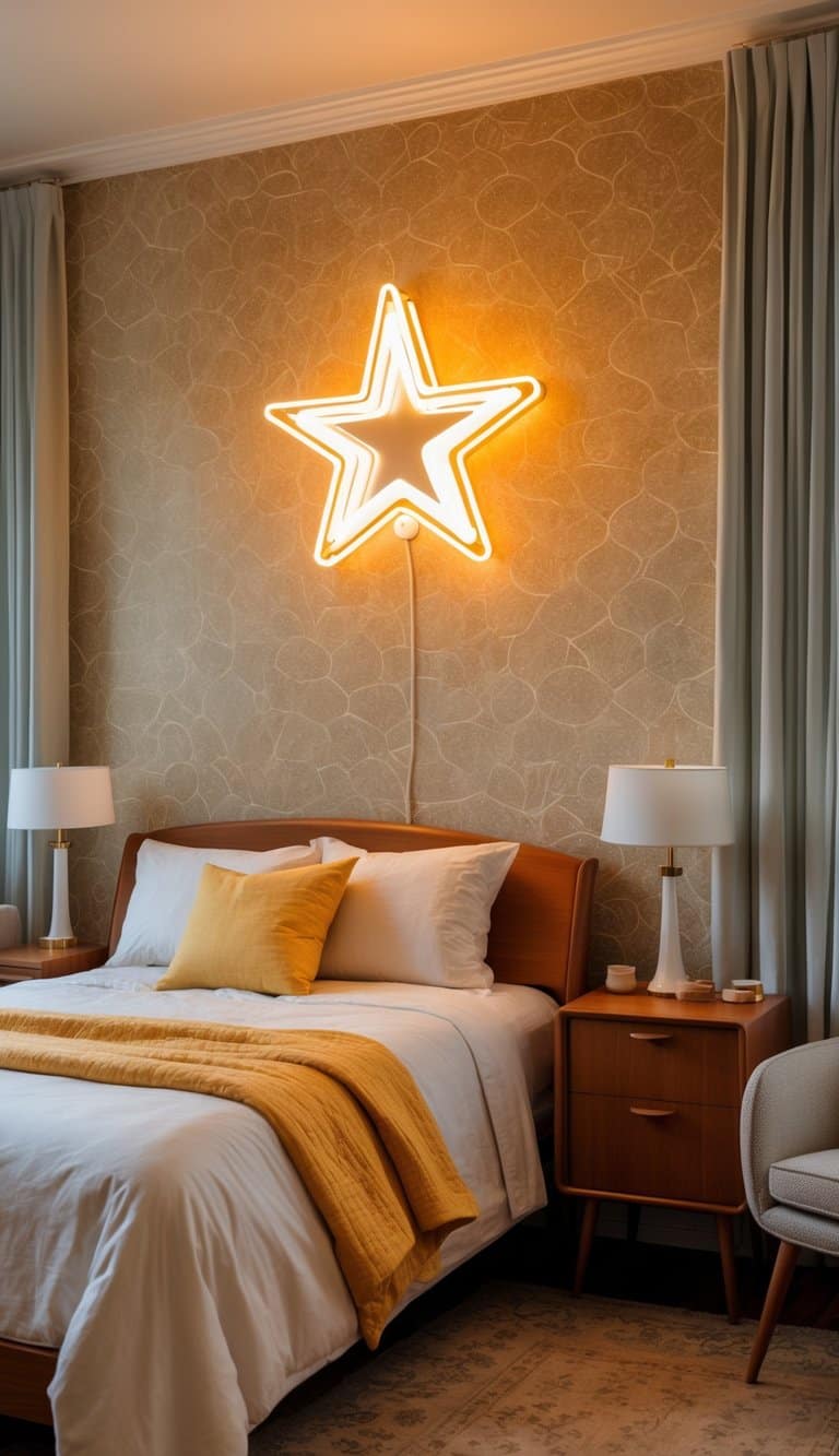 A clean and bright bedroom with patterned wallpaper, mid-century furniture, and a star-shaped neon wall light glowing on the wall.