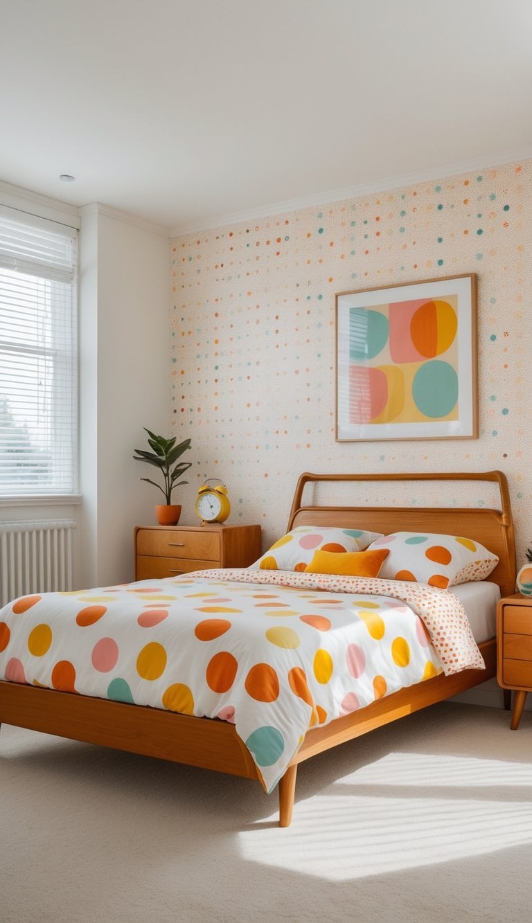 A bright and tidy bedroom with a bed covered in polka dot bedding, patterned wallpaper, wooden furniture, and a clean, organized layout.