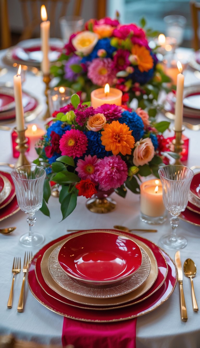 A wedding table set with red lacquerware, colorful flowers, candles, and glassware under natural light.