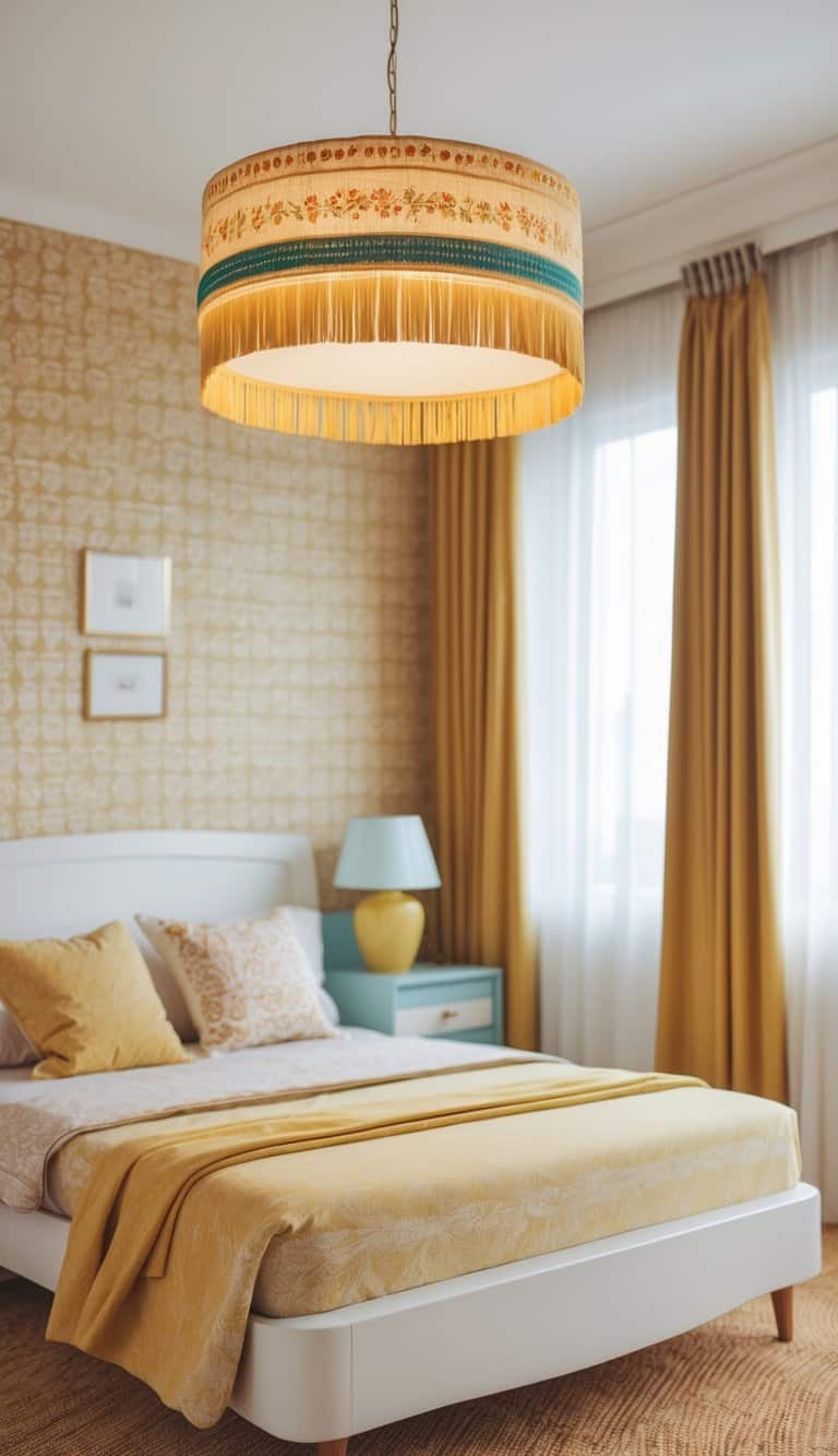 A bright and clean bedroom with a hanging fringed lampshade, patterned wallpaper, and styled furniture arranged neatly in the room.