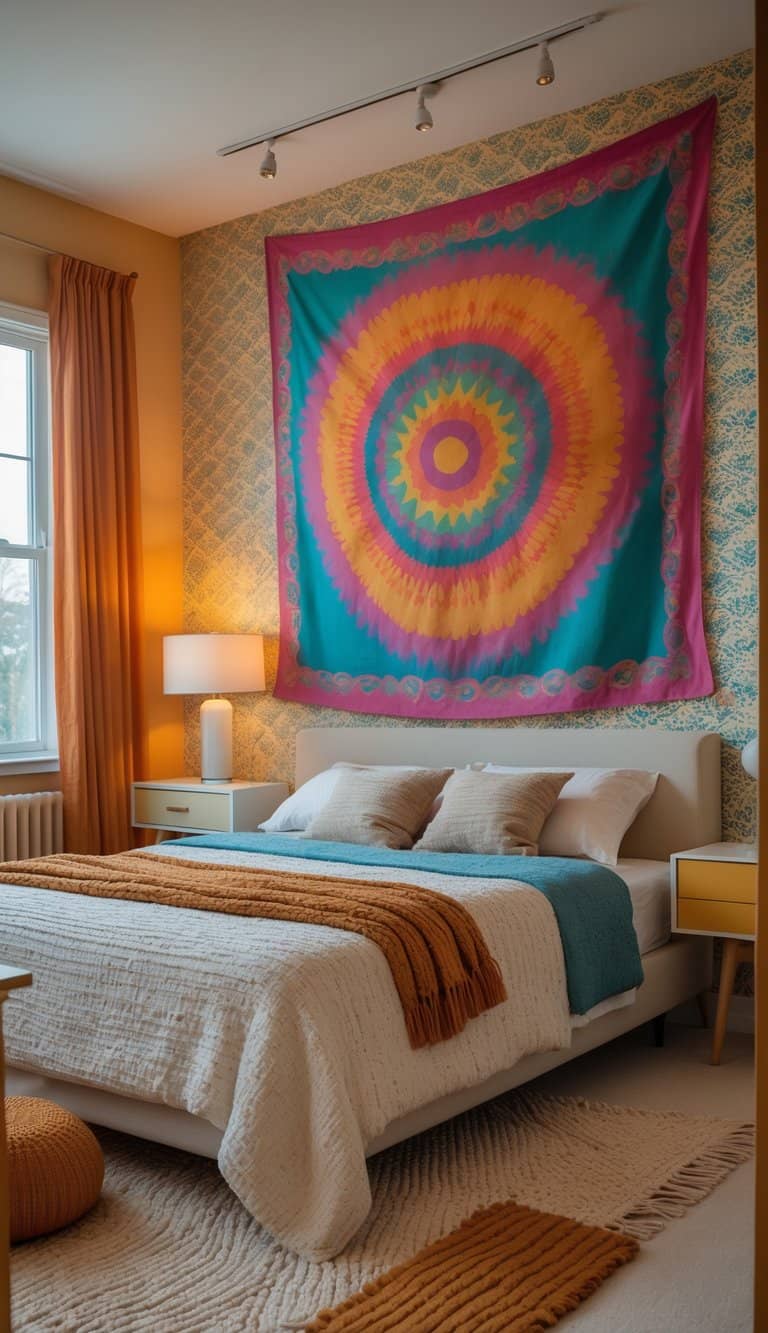 A bright and tidy bedroom with a large colorful tapestry on the wall, vintage wallpaper, a neatly made bed, and mid-century modern furniture.