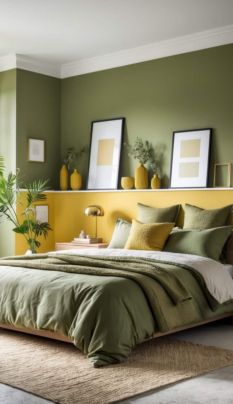 A bright bedroom with olive green walls, a bed with matching linens, golden yellow decorative accents, and neatly arranged furniture in a clean and inviting space.