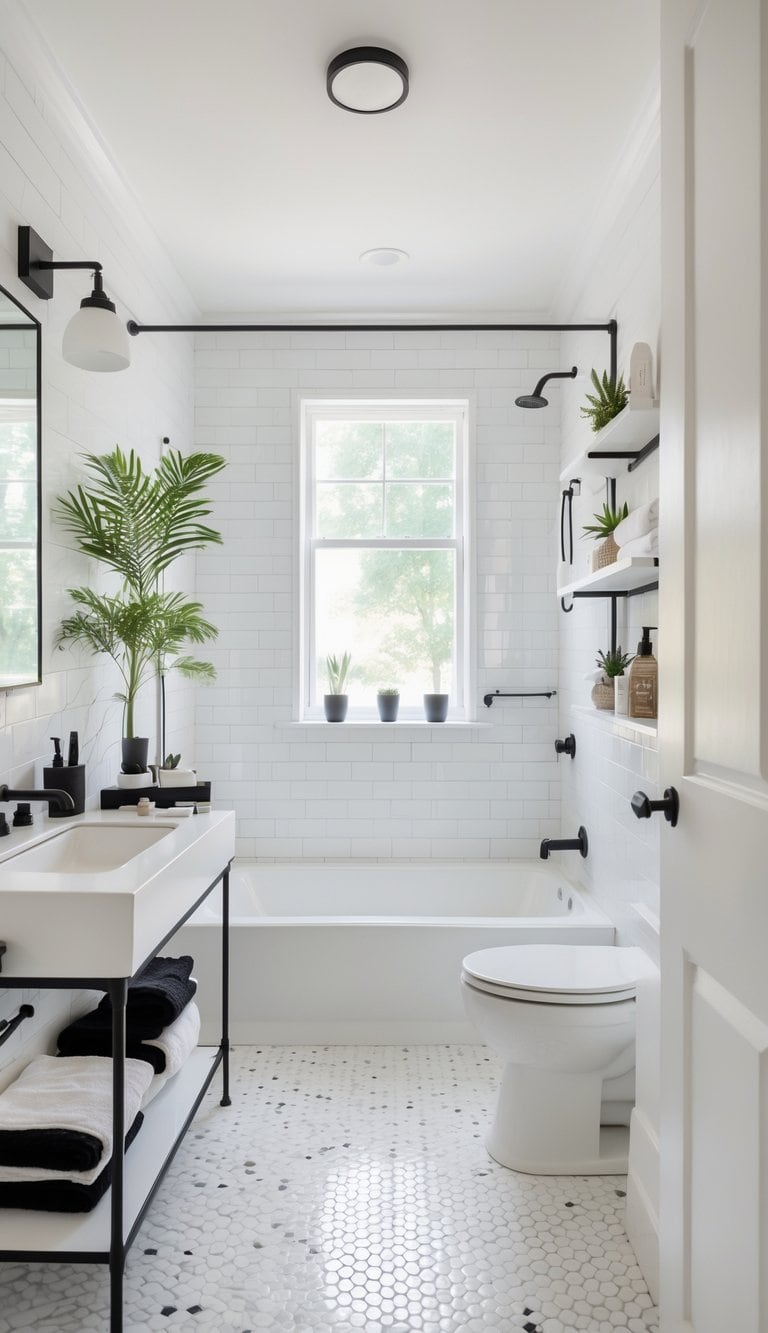 A bright and spacious bathroom with a toilet, bathtub or shower, and sink arranged with even spacing. The floor has white hexagonal tiles with black accents, and shelves hold hygiene essentials. Natural light fills the room.
