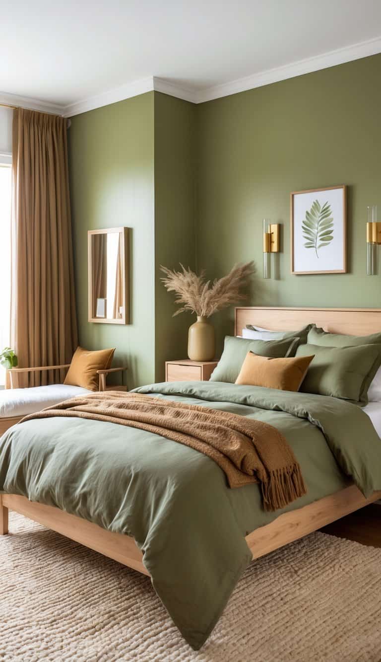 A bright and clean bedroom with an olive green bedspread, warm brown textiles, gold decor accents, wooden furniture, and natural light coming through a window.