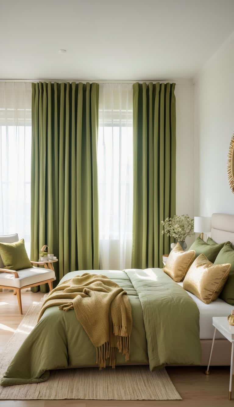 A bright bedroom with olive green curtains, a bed with matching green linens, gold accents, and neatly arranged furniture in a clean and inviting space.