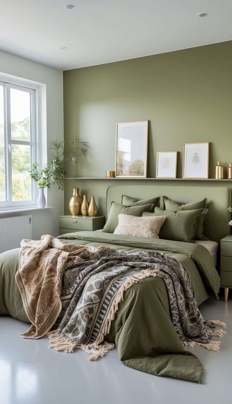 A bright bedroom with olive green bedding, gold decor accents, bohemian patterned throw blankets on the bed, styled furniture, and natural light filling the clean and organized space.