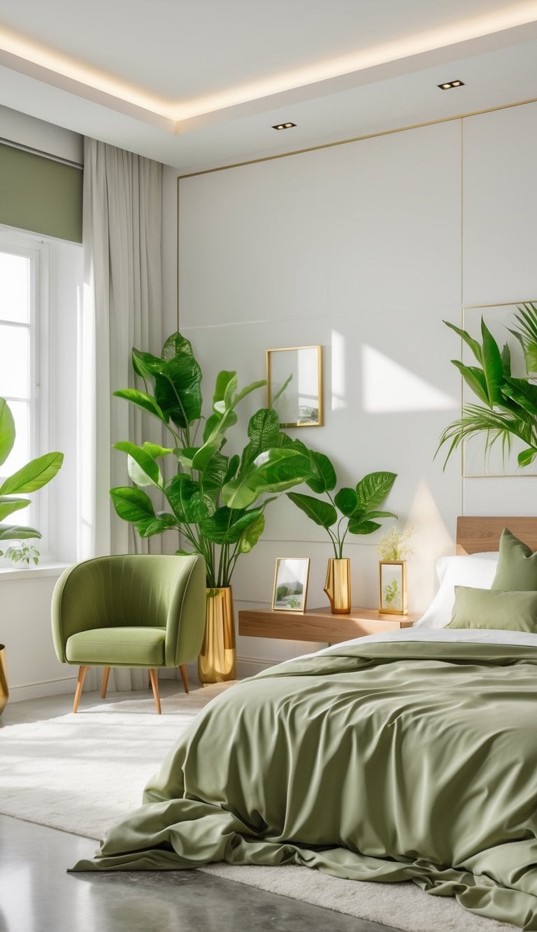 A bright bedroom with a neatly made bed covered in olive green linens, leafy green plants, gold accents, and styled furniture in a clean and inviting space.
