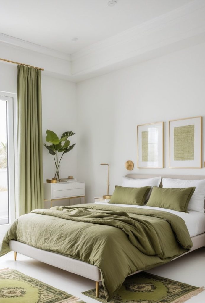 A modern bedroom with green bedding, matching rugs, and green curtains, featuring white walls, framed artwork, a bedside table, and a potted plant.