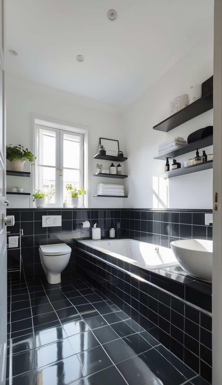 A bright and tidy bathroom with a white toilet, black tiled floor, bathtub or shower area, and a sink spaced evenly apart, with shelves holding hygiene items.