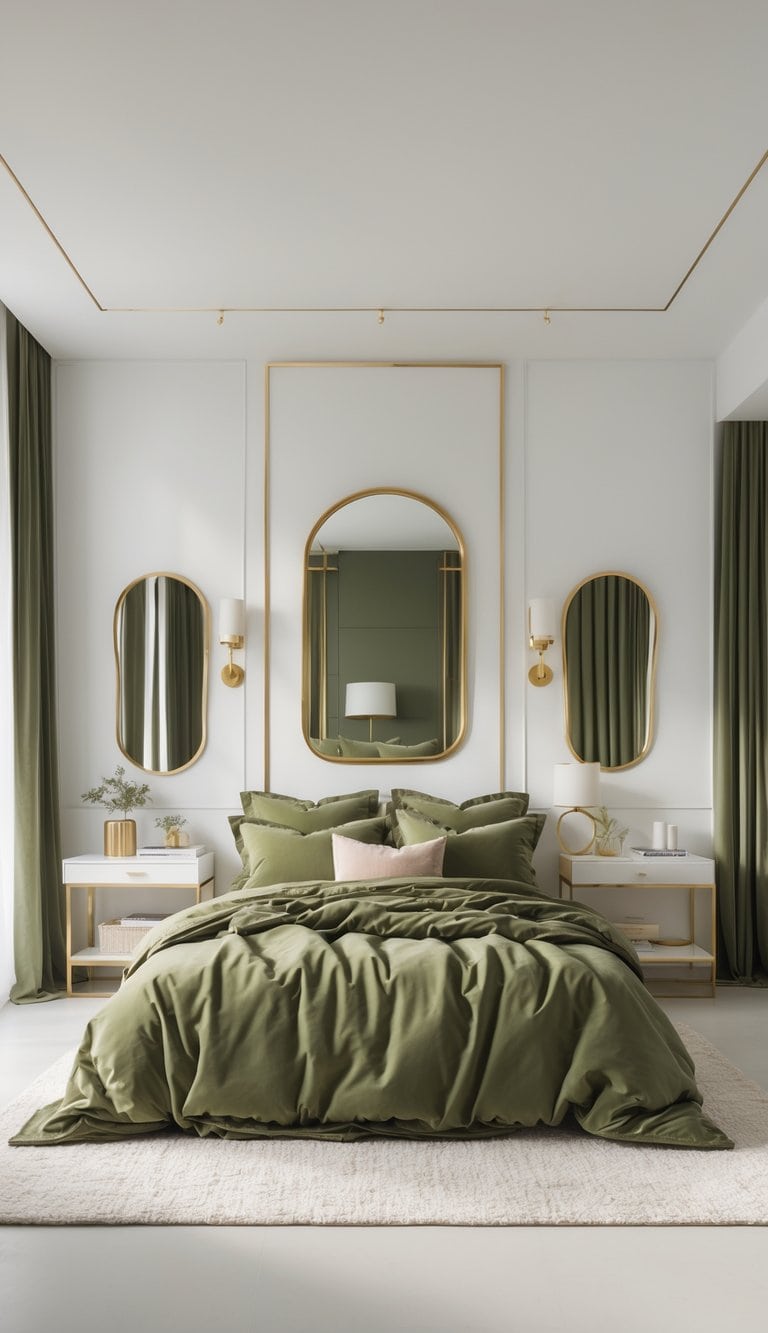 A bright bedroom with olive green bedding, gold-framed mirrors on the walls, styled furniture, and a clean, uncluttered layout.