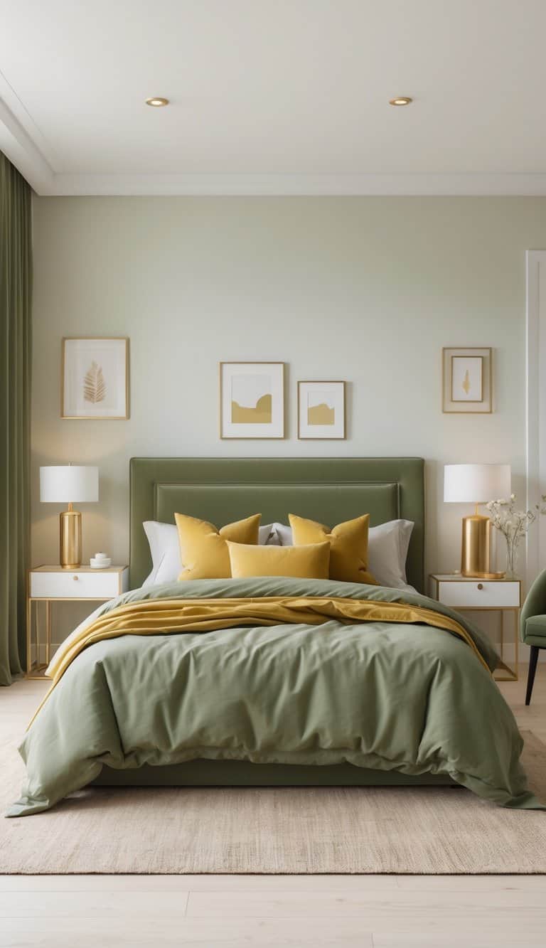 A bright bedroom with a bed dressed in olive green linens and mustard yellow pillows, gold decor accents, and streamlined furniture in a clean, inviting space.