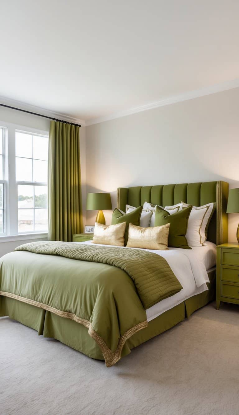 A bright bedroom with a bed featuring olive green linens, two olive green bedside lamps, gold accents, and neatly arranged furniture in a clean and spacious room.