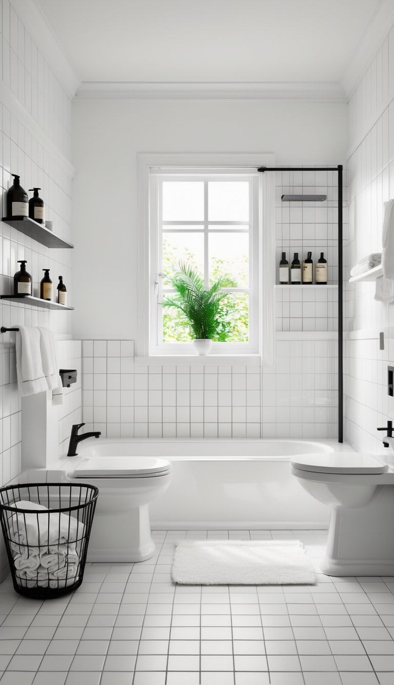 A well-lit bathroom with a toilet, bathtub or shower, and sink spaced evenly. A black wire basket with white towels and shelves with hygiene products are visible, creating a clean and inviting space.