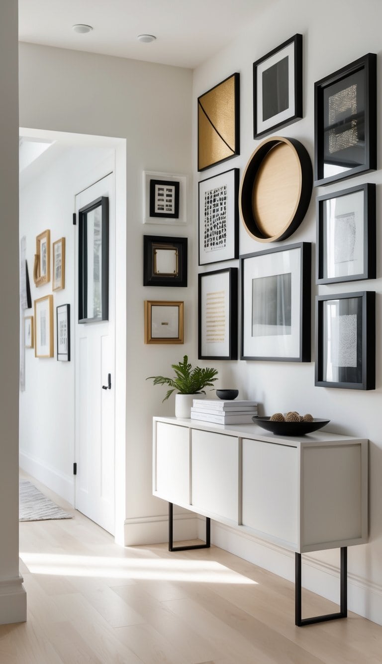 An entryway with a gallery wall of various framed artworks and photos above a console table with decorative items.
