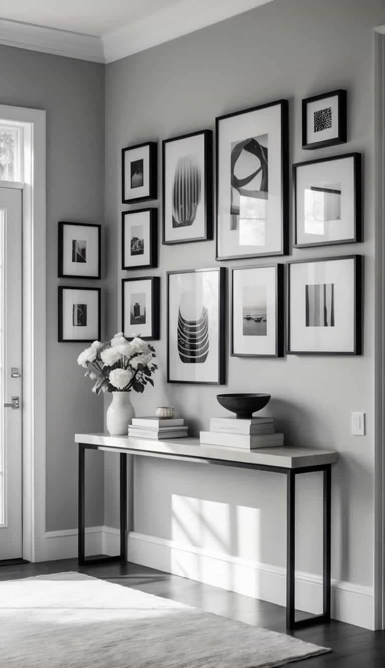 Entryway with a gallery wall of framed art and photos above a console table with decorative items.