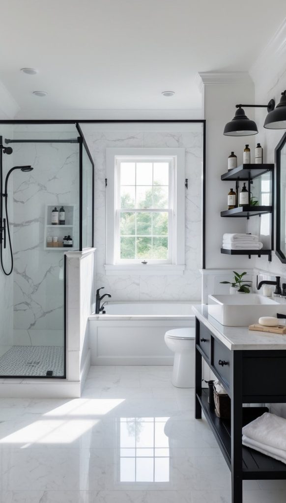 Modern bathroom with a glass shower, bathtub, toilet, and black-and-white vanity; shelves with decor and a window provide natural light.