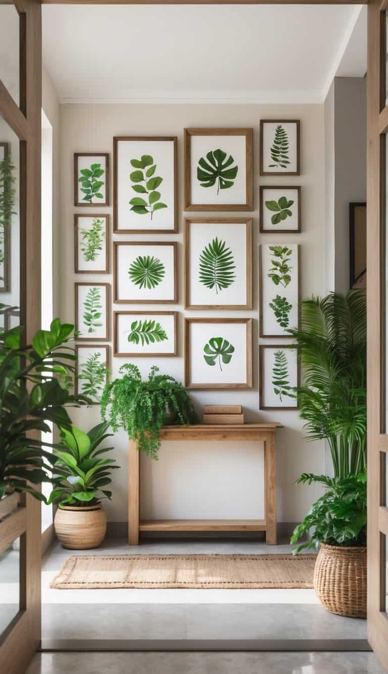 Entryway with a gallery wall of botanical prints in picture frames and green plants on shelves and a console table.
