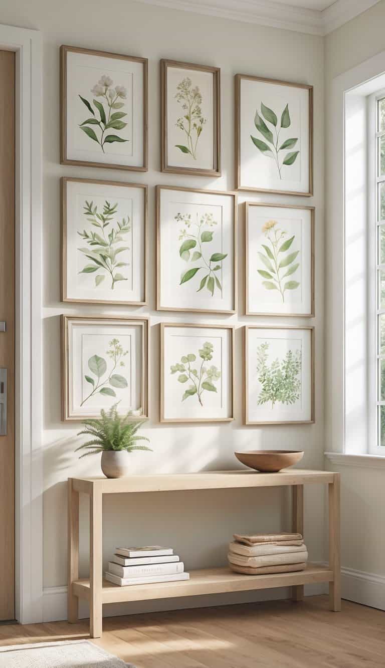 Entryway with a gallery wall of framed botanical prints above a wooden console table with plants and decorative items.