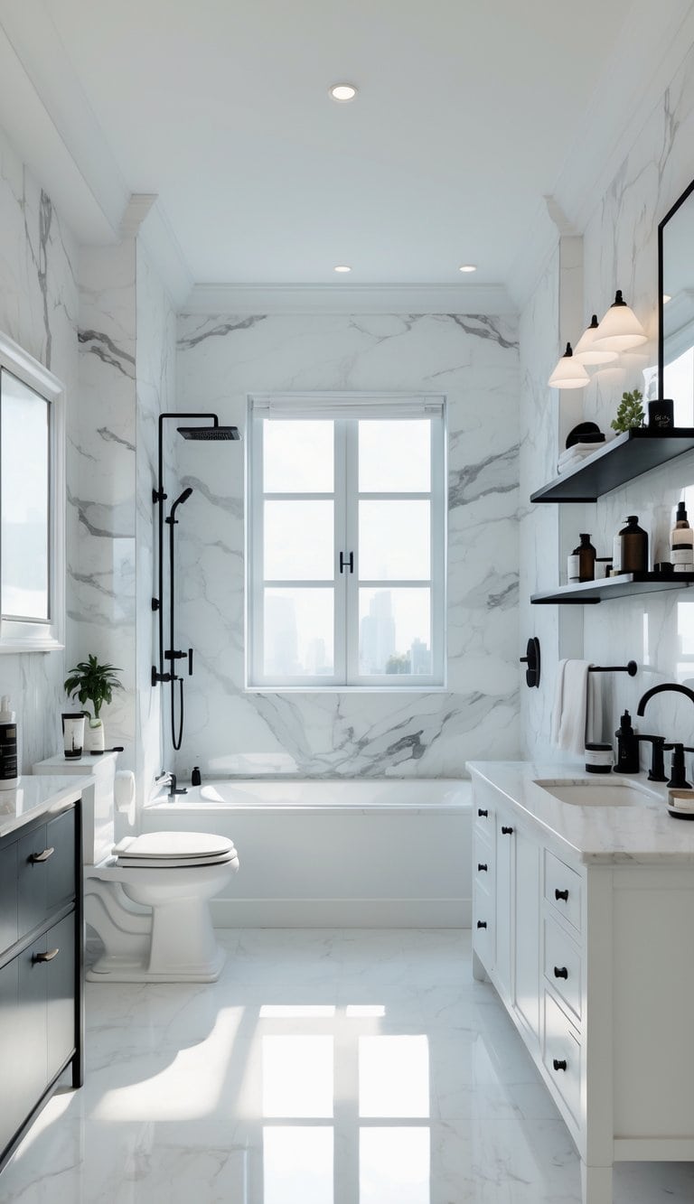 A bright and spacious bathroom with a white vanity, toilet, bathtub, and shelves holding hygiene products, all arranged with ample space between fixtures.