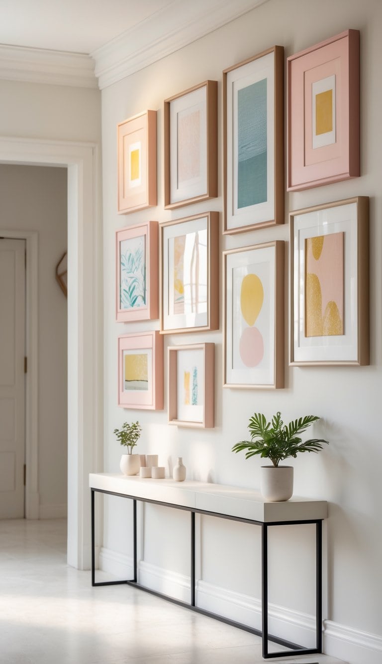 Entryway with a gallery wall of framed art and photos in pastel-colored frames above a console table with decorative items.