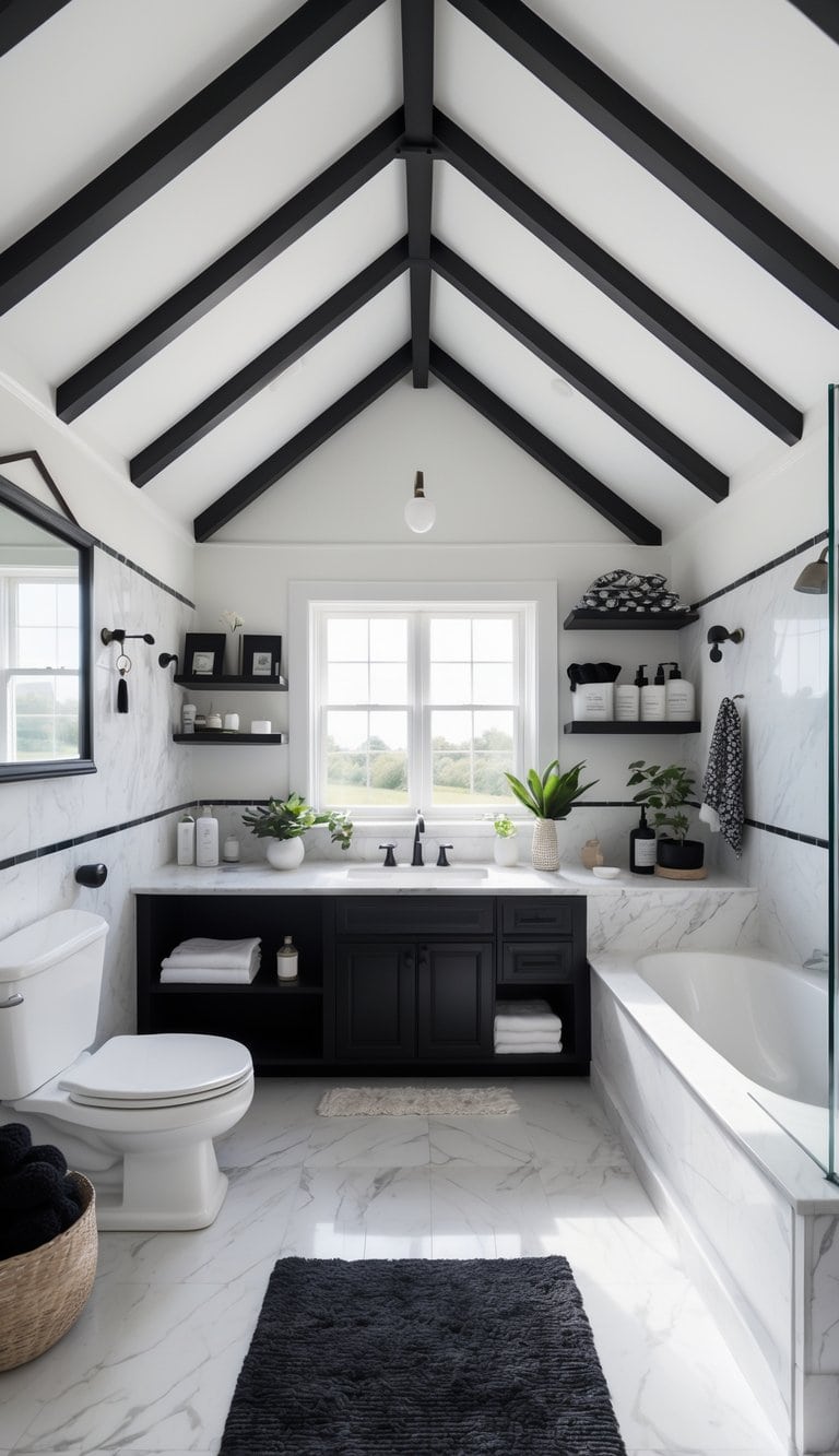 A bright and spacious bathroom with a toilet, bathtub, and sink spaced evenly apart, featuring shelves with hygiene items and natural light coming through.