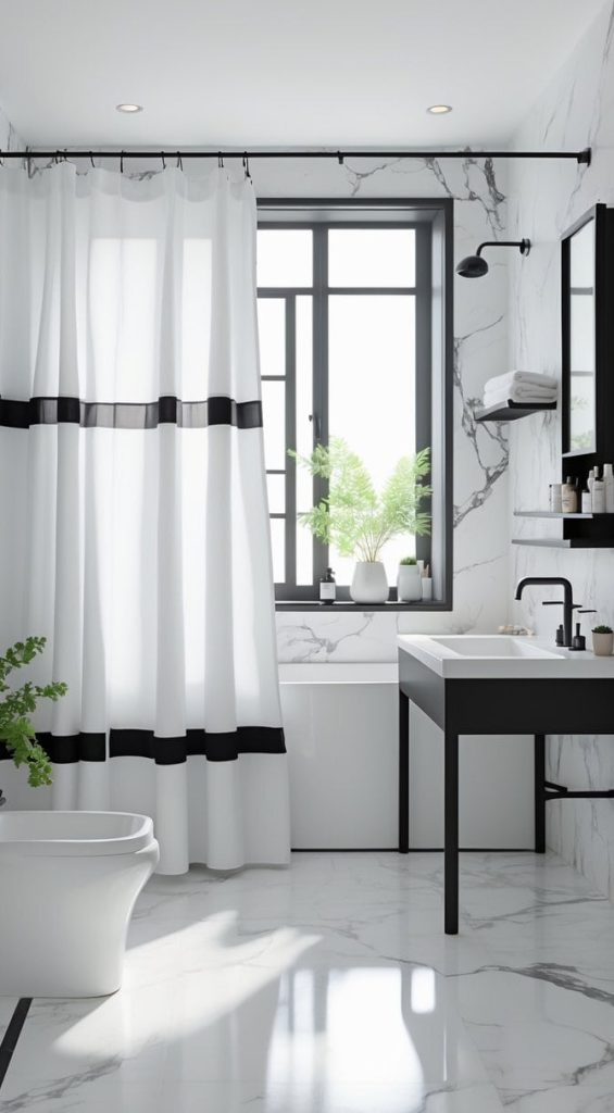 Modern bathroom with white marble walls and floors, black accents, a bathtub with a white shower curtain, a black-framed window, a sink, and green plants on counters.