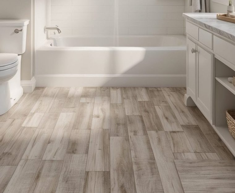 Bright, clean bathroom with a white bathtub and shower, light wood flooring, white cabinets, open shelving, and a window letting in natural light.