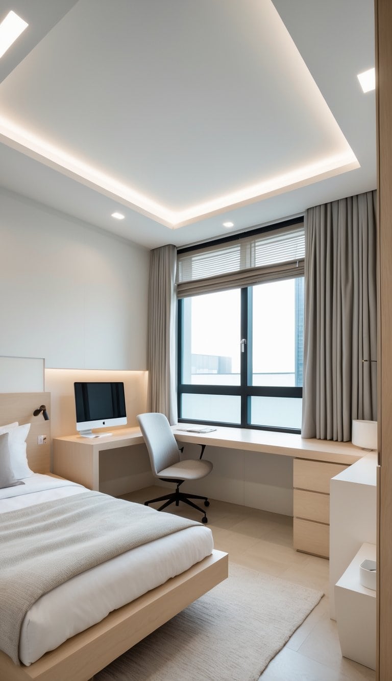 A bright guest room with a cozy bed next to blackout curtains and a compact office area with a desk and chair.