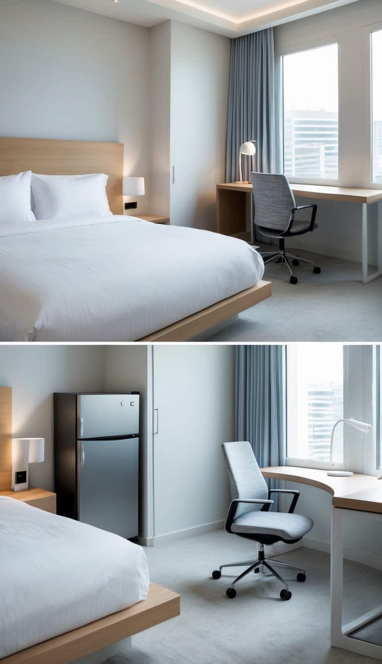 A bright guest room and office combination with a cozy bed, a desk with an ergonomic chair, and a mini fridge for drinks.