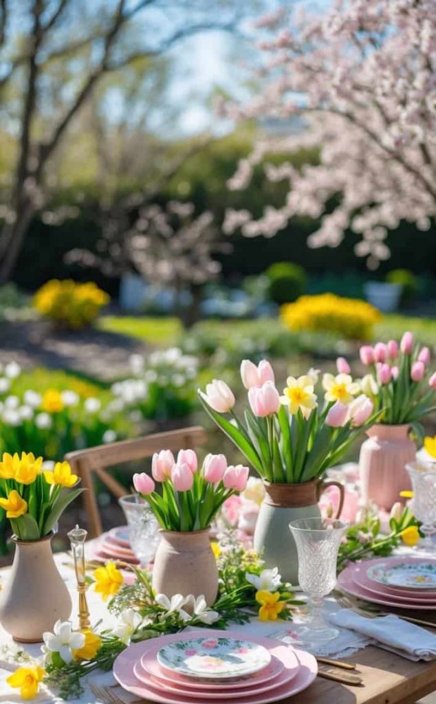 A wooden outdoor table is set with pink and white plates, floral napkins, clear glasses, and vases of pink and yellow tulips. Blossoming trees and garden flowers are visible in the background.