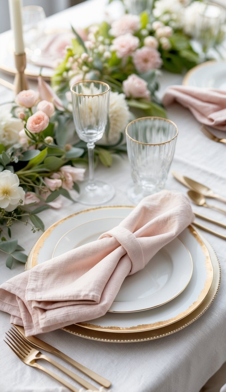 A spring table setting with blush napkins on gold-rimmed plates surrounded by flowers and greenery.