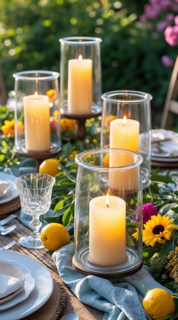 Outdoor dining table set with plates, glassware, lemons, sunflowers, and four large candles in glass holders, surrounded by greenery and bright flowers.
