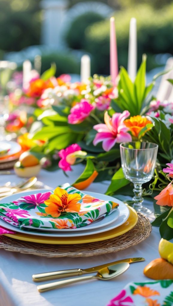 A brightly decorated outdoor table features floral napkins, plates, glassware, gold cutlery, and vibrant flower centerpieces in a garden setting.