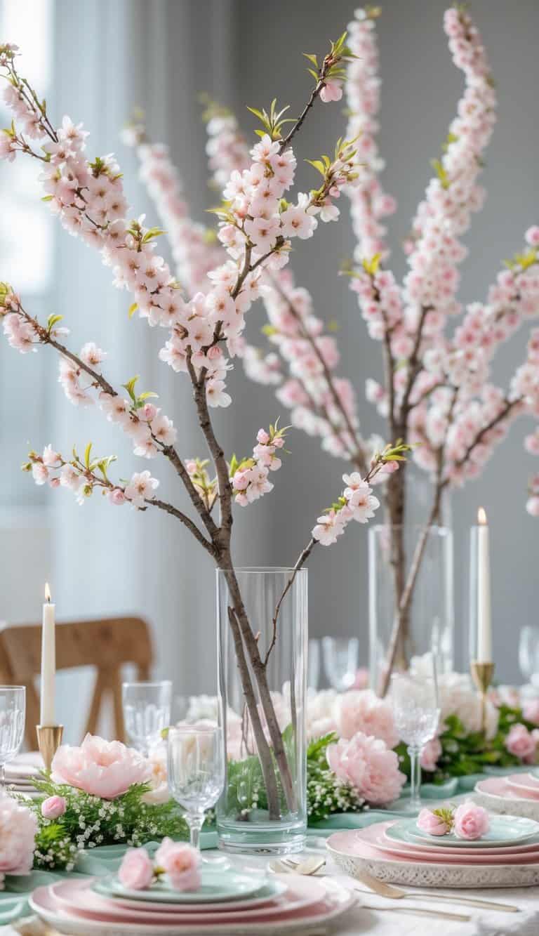 Cherry blossom branches arranged in tall glass vases on a spring-themed table setting with pastel colors and decorative elements.