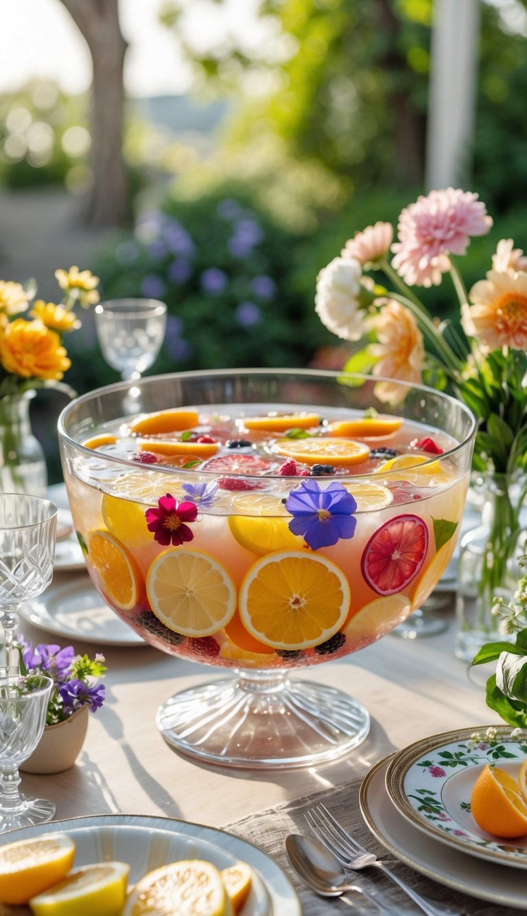A chilled floral punch bowl filled with fruit and flowers on a summer outdoor table surrounded by glassware and fresh flowers.