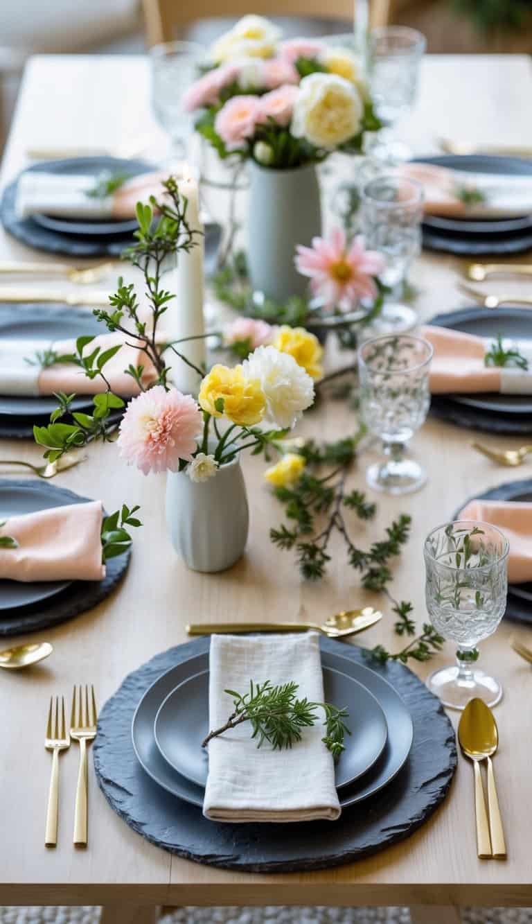 A light wood table set with slate chargers, spring flowers, greenery, and candles arranged for a seasonal meal.