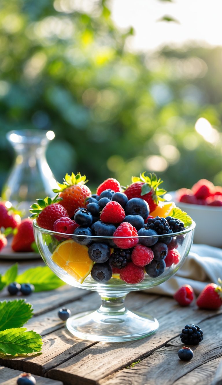 A glass bowl filled with a variety of fresh colorful summer berries on a wooden table outdoors.